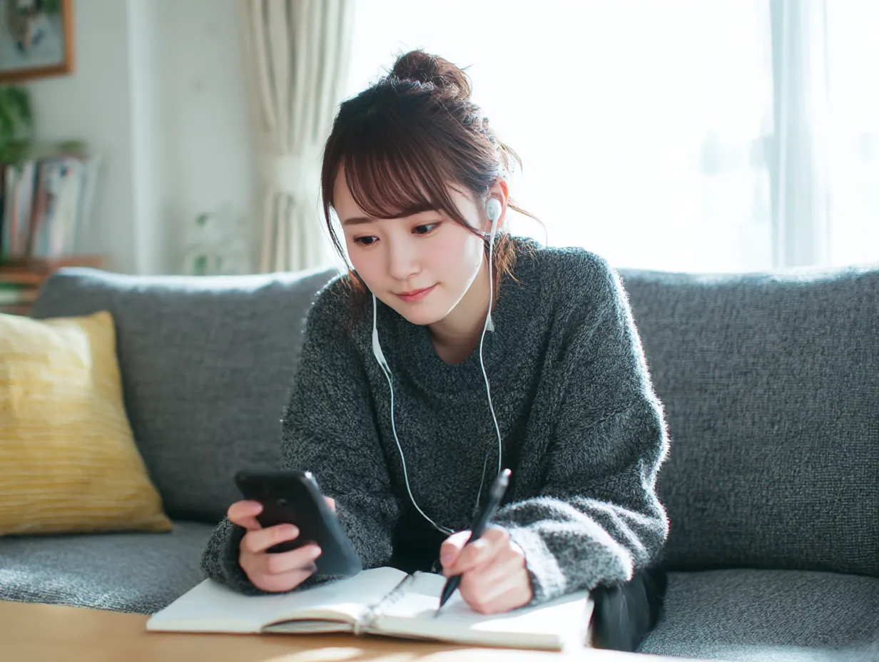 社会人勉強中の女性の笑顔3｜光が差し込む空間で学ぶ女性の姿が明るく、柔らかい自然光が安心感を演出します。社会人勉強の穏やかな時間を表す場面に適しています。