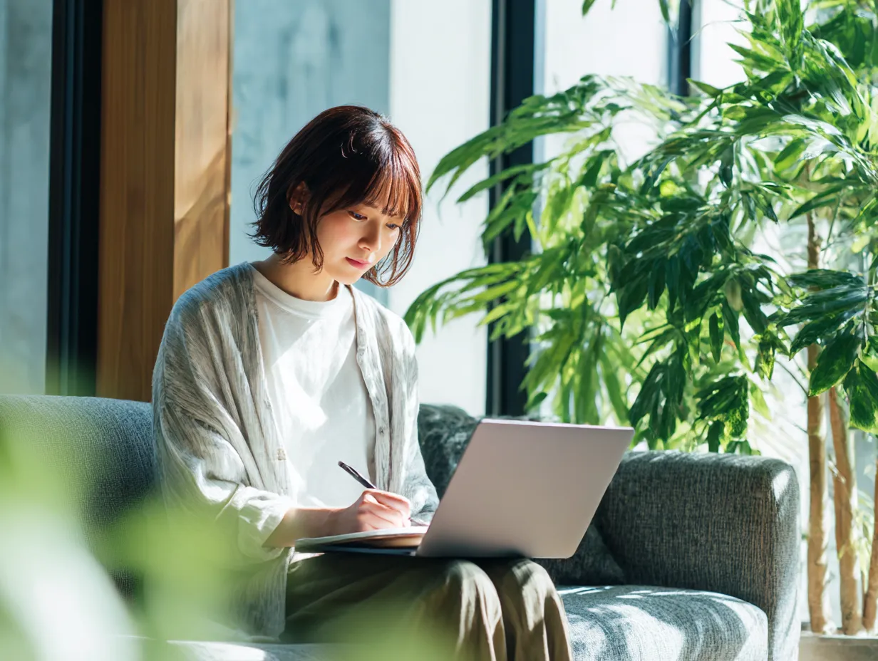 社会人勉強に取り組む女性｜観葉植物に囲まれた明るい空間の中、ノートパソコンに向き合う姿が丁寧な印象を与えます。社会人勉強の環境作りや集中力を表す素材として活用可能です。