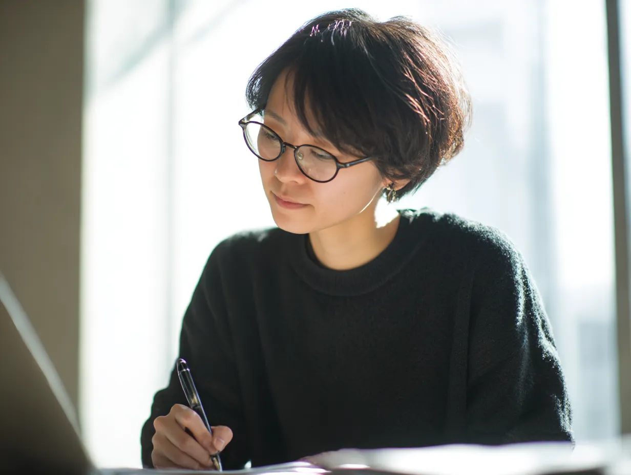 仕事する女性の真剣な表情｜柔らかな自然光の中でデスクに向かい真剣に書き込む姿が印象的なビジネス写真。仕事への集中力を感じさせ、クリエイティブ系や学習系の「仕事」素材としても活用しやすい。