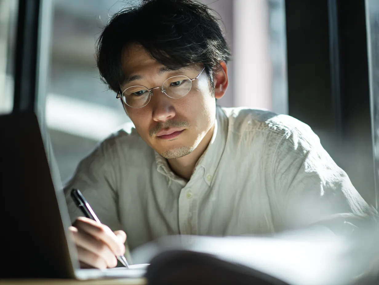 仕事に向き合う男性の眼差し｜自然光の差し込む窓辺で静かにパソコンに向かう男性。落ち着いたトーンとリアルな質感が特徴で、信頼感のある「仕事」風景を演出したい場面にぴったり。