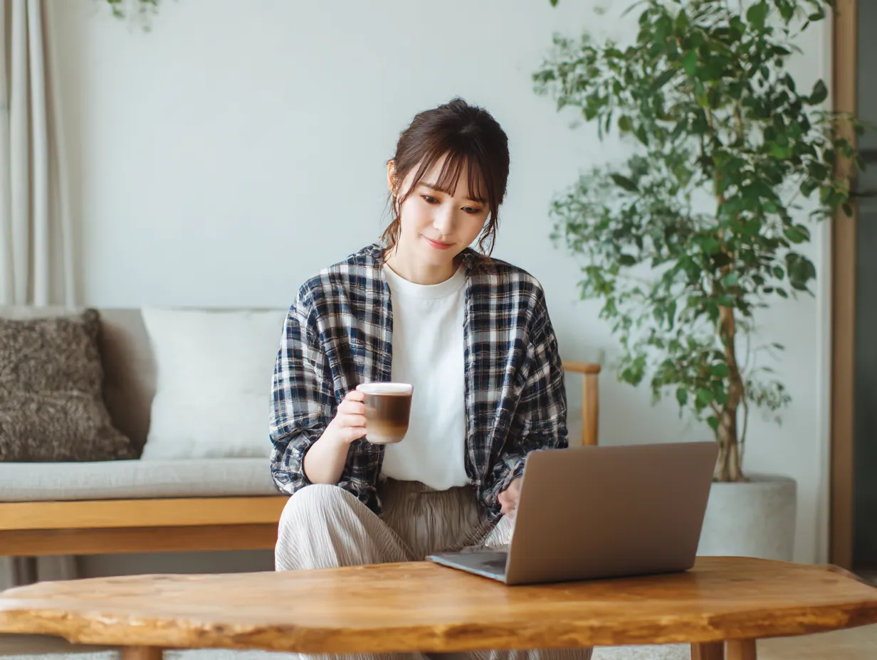 在宅仕事中の女性のリラックス感｜木の温もりを感じる空間で、コーヒーを片手にパソコンを見つめる女性の様子が柔らかく描かれている。くつろぎながらも仕事に向き合う現代的な在宅ワークの雰囲気を演出。