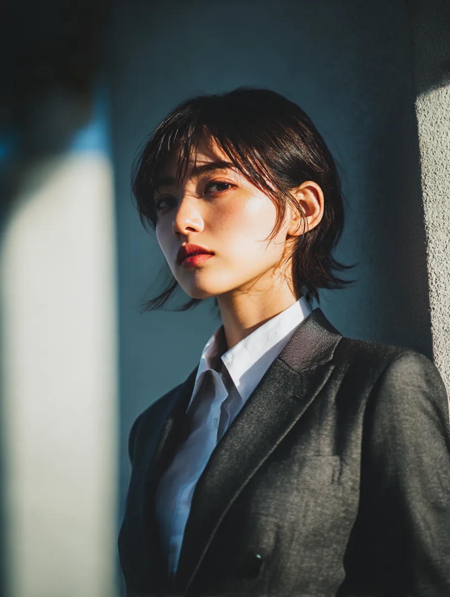 スーツ女子とコントラスト構図｜建築的な壁際の光を利用し、強い陰影で浮かび上がるスーツ女子。シャープな印象の中に柔らかさも残す構成で、スーツ女子のクールさを前面に出した写真素材に仕上がっています。