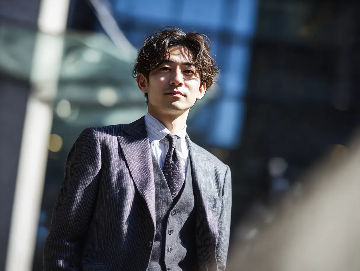 スーツ男子のスタイリッシュな風格｜やや傾いた構図と背景のビル群が都市的な印象を強調。スーツ男子の穏やかな表情と立ち姿が、信頼感のある印象を与えるビジネス素材です。