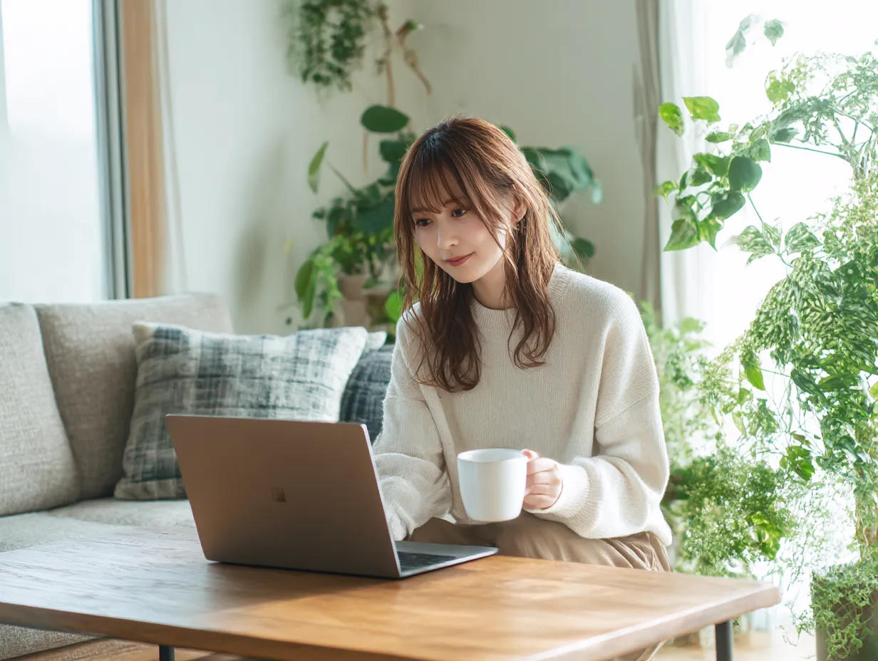 自然光の中で仕事をする女性｜緑に囲まれた部屋でノートパソコンを前にほほえむ女性の姿がやさしく映えるカット。ゆったりとした空気感とともに、穏やかな仕事シーンが感じられる一枚。