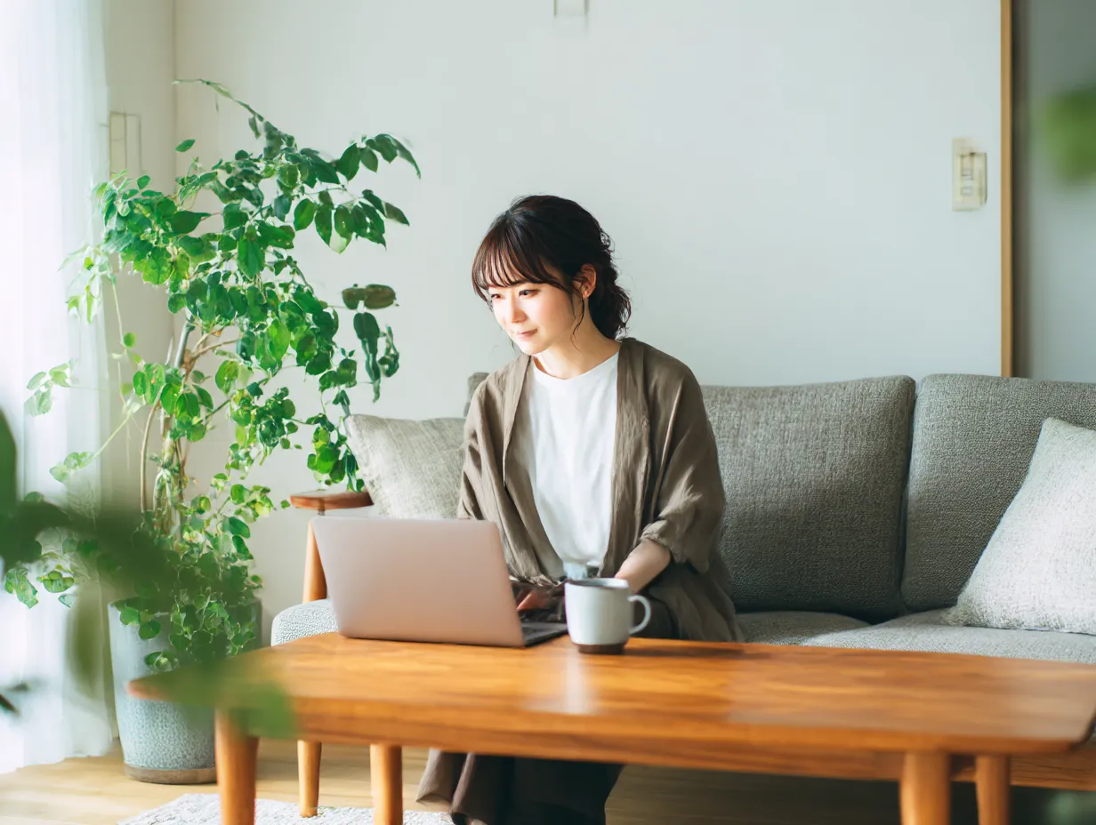仕事中の女性の穏やかな表情｜自然光が注ぐナチュラルなリビングで、落ち着いてパソコン作業をする女性。グリーンの配置が印象的で、心地よい空間で仕事が進む様子を丁寧に表現している。