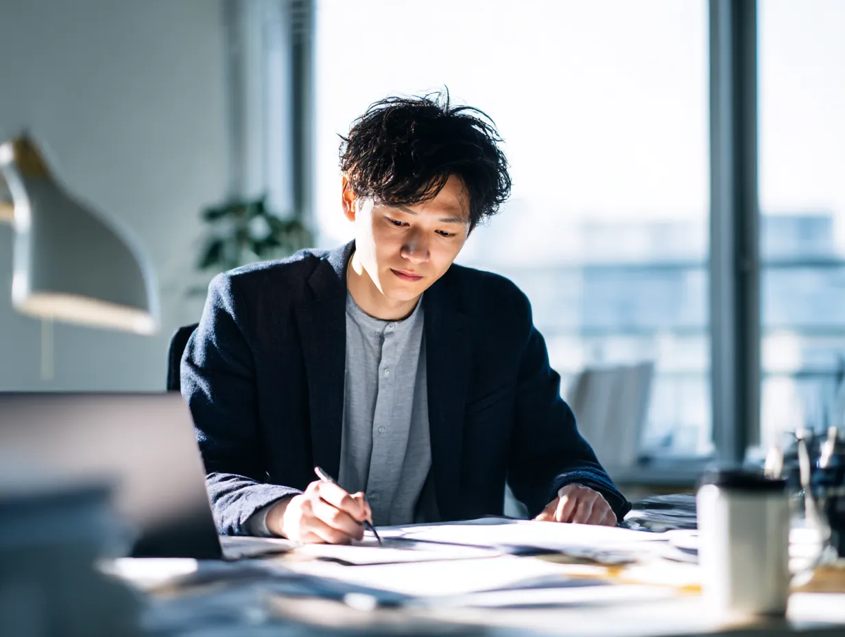 仕事に集中する男性の明るい表情｜強い朝日が差し込む中で、資料に丁寧に目を通す男性の横顔が印象的。光と影のコントラストが、まじめに仕事に向かう空気感を引き立てるナチュラルなビジネス素材。