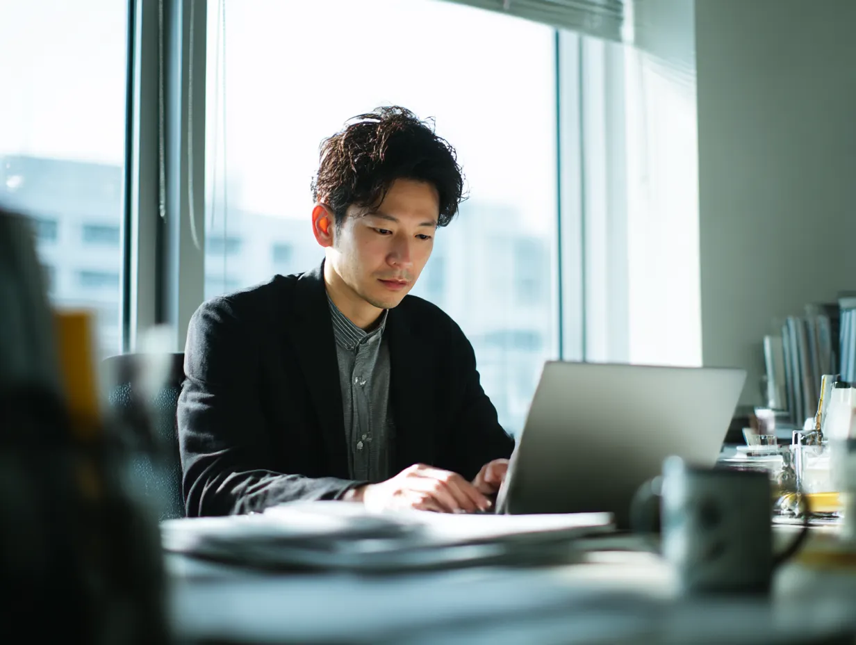 仕事に集中する男性のデスクワーク｜大きな窓から差し込む自然光が印象的なオフィスでパソコンに向かう男性。光と影のコントラストが際立ち、静けさの中で進む仕事をリアルに伝えるビジネス向けのデスクワーク素材。