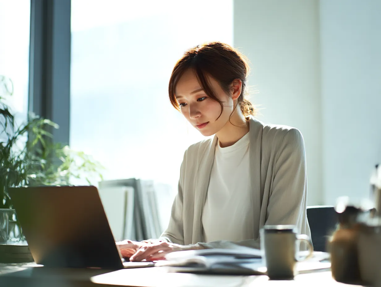 仕事中の女性のやわらかデスクワーク｜やさしい日差しの中、リラックスした雰囲気でパソコンに向かう女性の姿が魅力的な一枚。植物や小物の演出もあり、柔らかく親しみやすい仕事の空気感を表現。