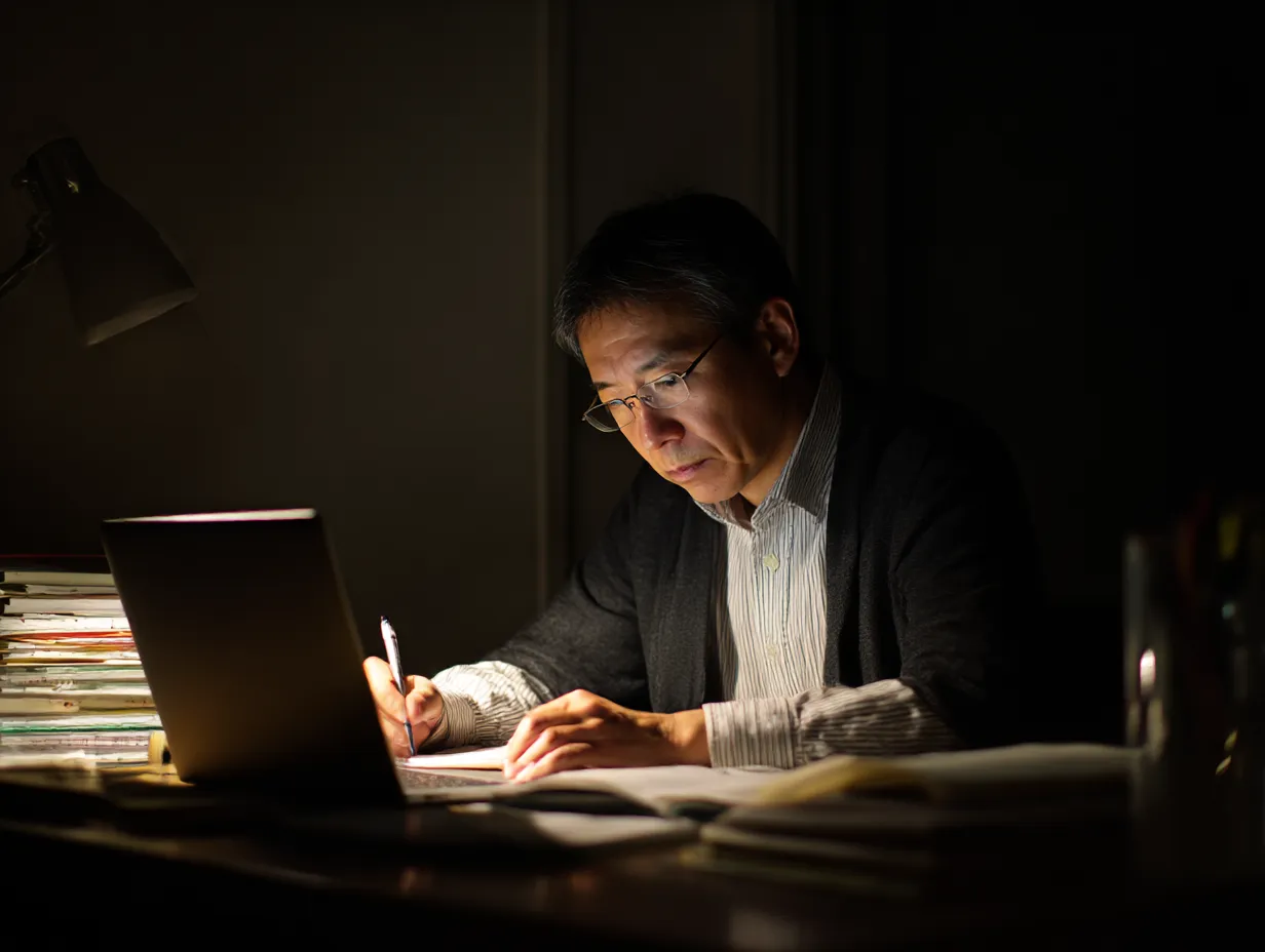 夜のデスクワークに向き合う中年男性｜薄暗い部屋で一人静かに作業を進める男性の横顔。手元を照らすランプの光が印象的で、深夜の「デスクワーク」に取り組む真剣さが伝わるシーン。