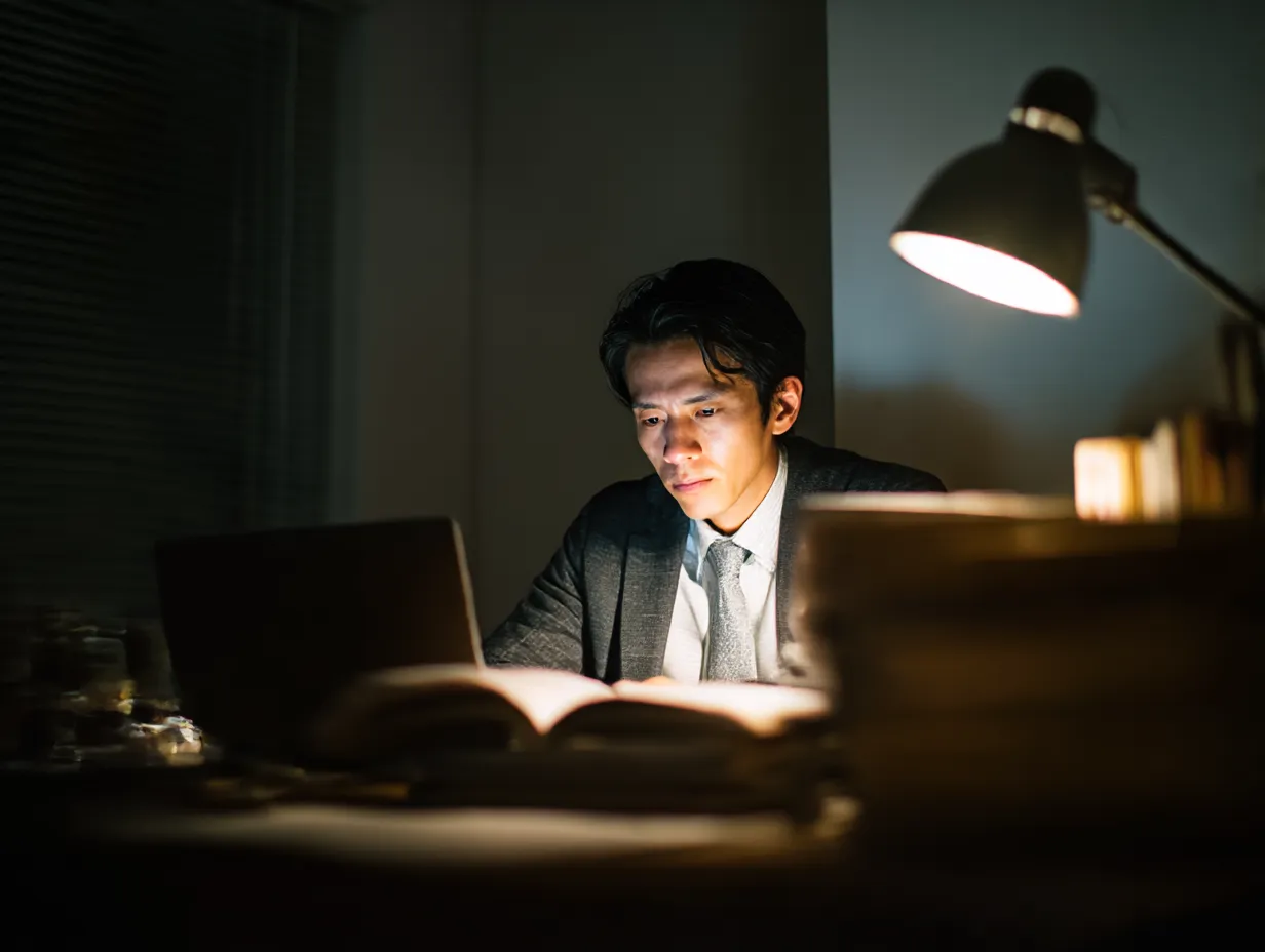 集中する男性の夜のデスクワーク｜強い光源に照らされた机で、資料に目を通す男性の表情が引き締まった夜のオフィスシーン。光と影の明暗が、ひたむきに仕事へ向き合う空気を演出している。