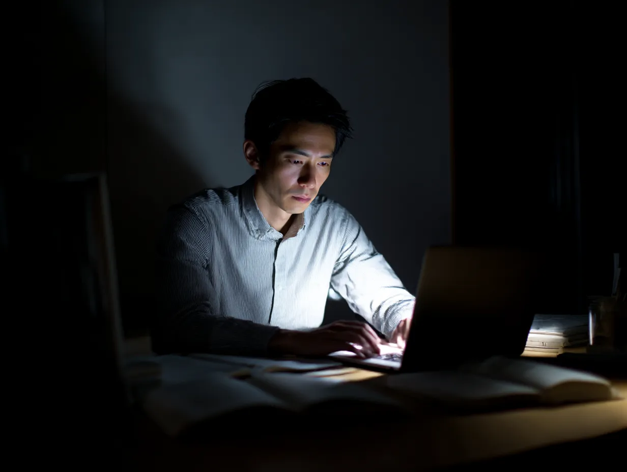 仕事に没頭する男性の夜間デスクワーク｜暗い室内でパソコンに集中する男性の姿を、強い光と深い陰影で際立たせた構図。静寂の中にある真剣な仕事の空気を描いた印象的なデスクワーク写真素材。