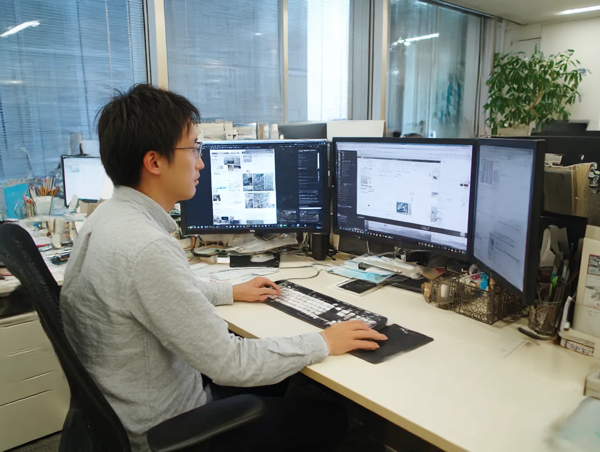 仕事の効率化が見えるマルチモニターデスクワーク｜複数モニターに囲まれて効率的に作業をこなす男性の姿が特徴。整理された空間と情報密度が高く、ITや開発系の仕事を想起させるリアルなデスクワーク素材。