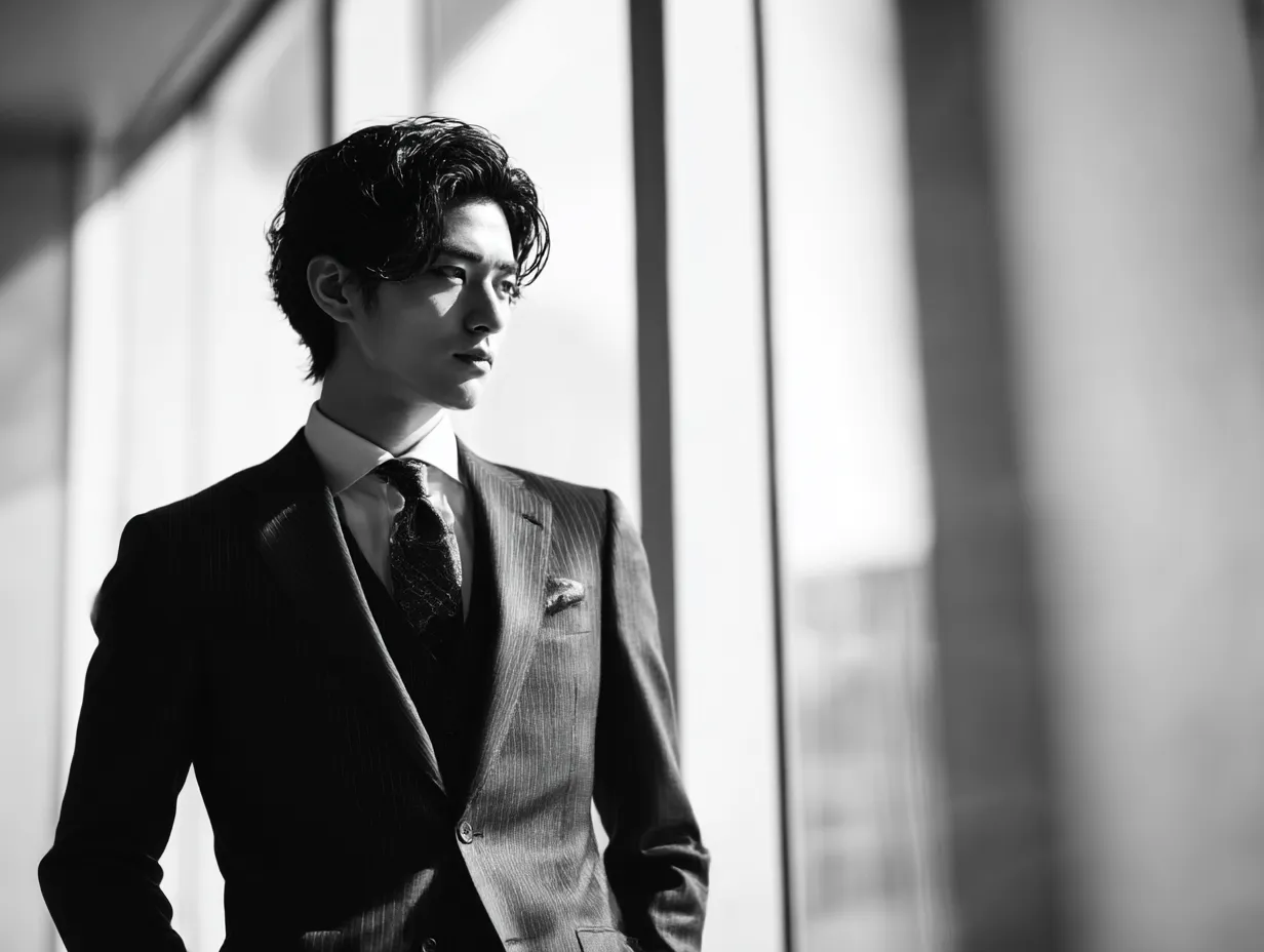 スーツ男子のモノクロ静謐ポートレート｜白黒写真の持つ奥行きと質感が印象的で、繊細な光の陰影がスーツ男子の静かな内面を際立たせる構成。重厚感のあるビジネス素材として活用できます。