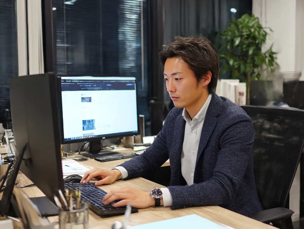 仕事中の男性の視線が真剣なデスクワーク｜夜のオフィスで黙々とパソコンに向かう男性。落ち着いた色味と構成が信頼感を与え、静かな空間で集中する仕事風景を丁寧に描いている。
