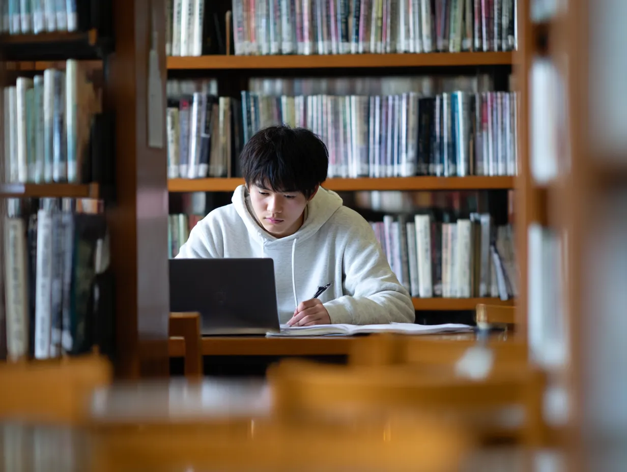 パソコンと図書館で学ぶ男子学生｜図書館の落ち着いた雰囲気の中でパソコンに向かう男子学生の姿を捉えた素材。自然光と木の温もりが調和し、パソコンを使った真剣な学びの様子がリアルに表現されています。
