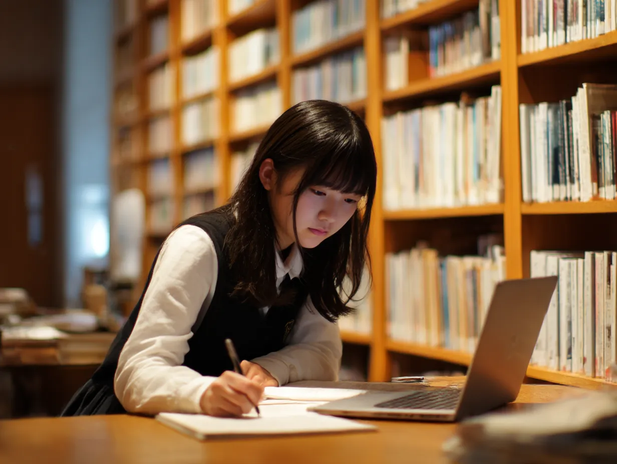 パソコンで集中する女子学生｜整然とした書架と温かな照明に囲まれ、パソコンで学ぶ女子学生の姿が印象的な写真素材。落ち着いた色調と奥行きのある構図が、パソコンを使った学習シーンを引き立てています。