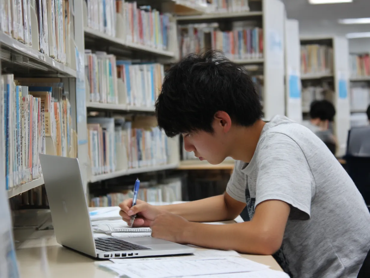 パソコンで勉強する男子高校生｜静かな図書館で机に向かい、パソコンとノートを併用する男子高校生を捉えたカット。現実的で誠実な印象を与え、パソコンを活用した勉学や試験準備の場面に適しています。
