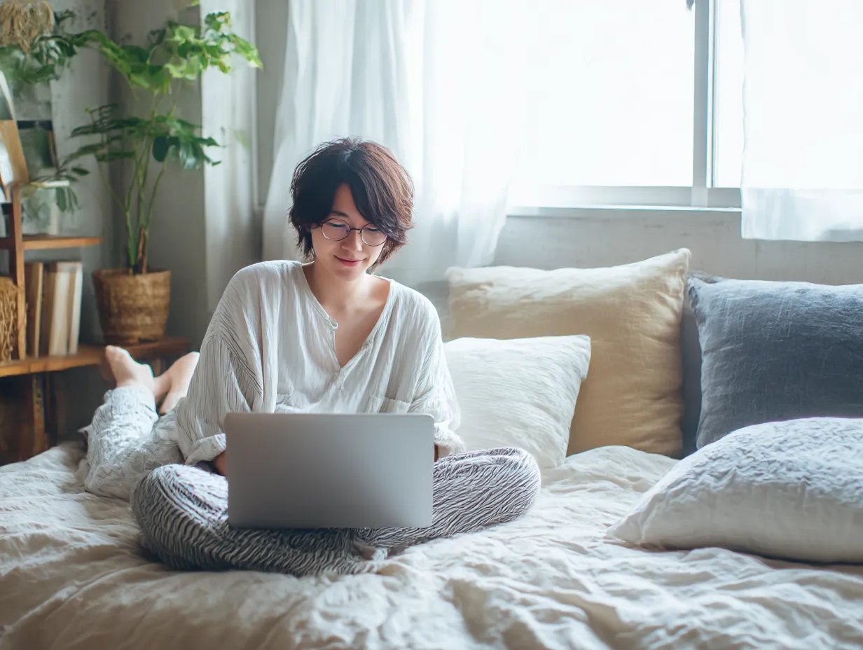 パソコンとリラックスする女性｜朝の自然光が差し込む室内で、リラックスした姿勢でパソコン作業をする女性の写真。柔らかなトーンと生活感のある空間が、パソコンを使った在宅ワークの柔和な一面を演出します。