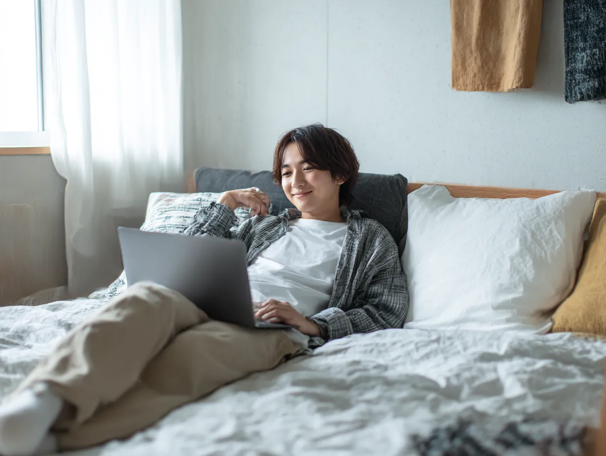 パソコンを楽しむくつろぎ時間｜ベッドでくつろぎながらパソコンを使う男性を描いたカジュアルな一枚。ナチュラルなライティングと余白のある構成が、パソコンを通じた自由な時間の魅力を引き出しています。