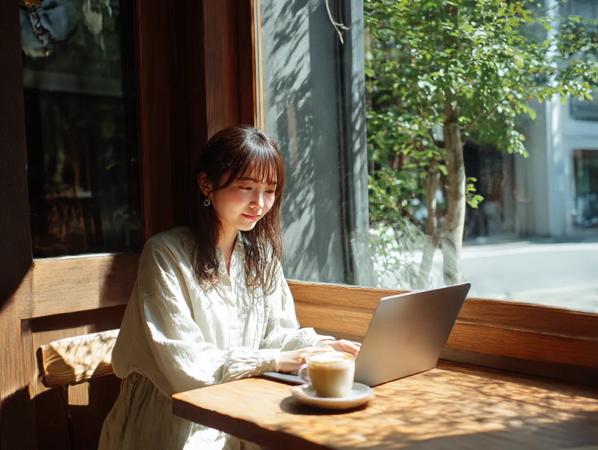 パソコンで仕事をする笑顔の女性｜街角カフェの窓辺でパソコンに向かいながら微笑む女性の姿が印象的。明るく爽やかな光が差し込み、パソコン作業のリラックスした空気感が魅力です。