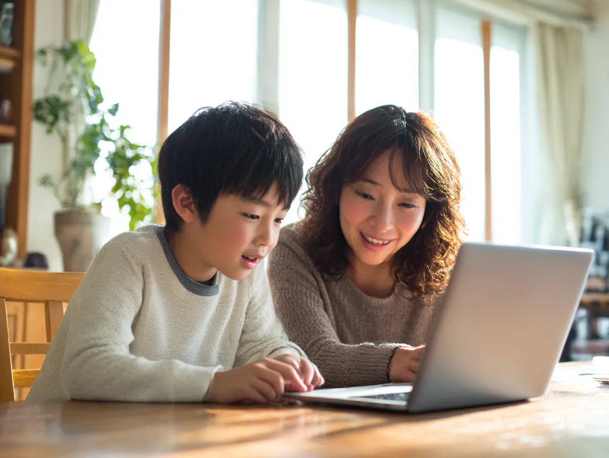 パソコンで学ぶ親子のひととき｜明るい室内で仲良くパソコンを見つめる親子の様子を捉えた温かなカット。自然体で家庭的な雰囲気が広がり、パソコンを通じた学びのシーンにぴったりです。