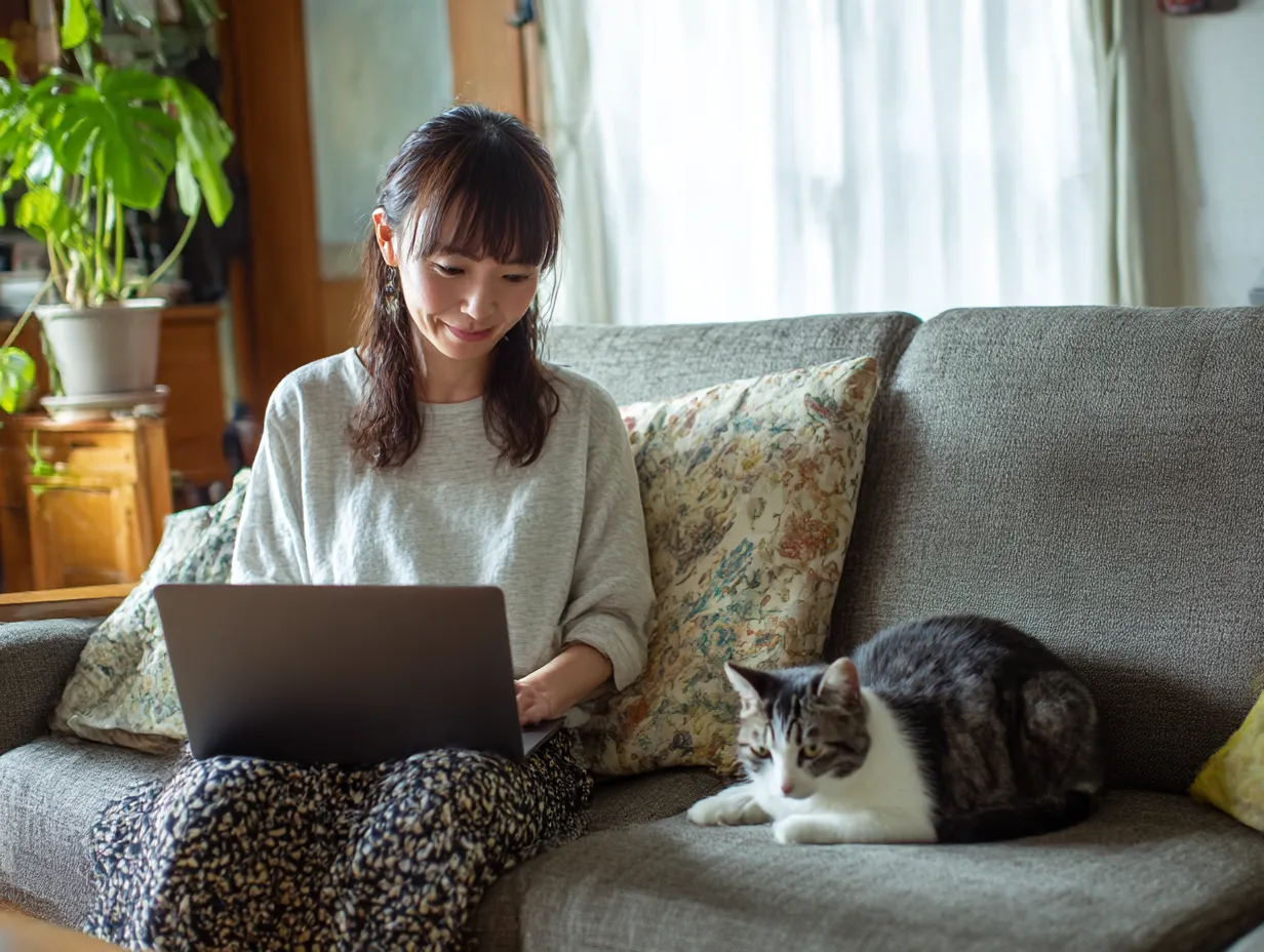 パソコンとくつろぐ女性と猫｜ソファに座ってパソコンを操作する女性と、そばで静かに過ごす猫を一緒に収めた穏やかな写真。暮らしの中にパソコンが自然に溶け込んだ柔らかい世界観を表現しています。