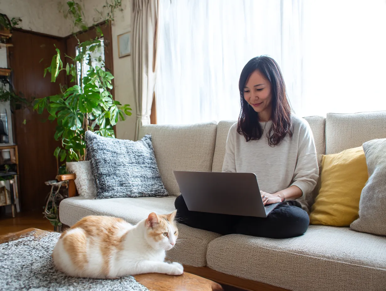 パソコンと猫とくつろぐ女性｜リラックスした空間でパソコンを操作し、猫と共に過ごす女性の温かい一瞬。柔らかな自然光とインテリアが調和し、心地よい在宅ワークの雰囲気を伝えています。