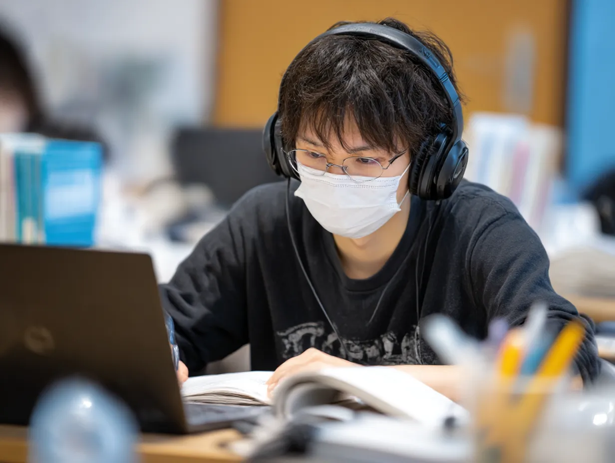 パソコンで集中する学生｜図書館で真剣にパソコンに向かう学生の姿。メガネとヘッドフォンをつけ、集中力を高めながら作業に取り組む学生の表情がクローズアップされ、ビジネス用途でも活用できる素材です。