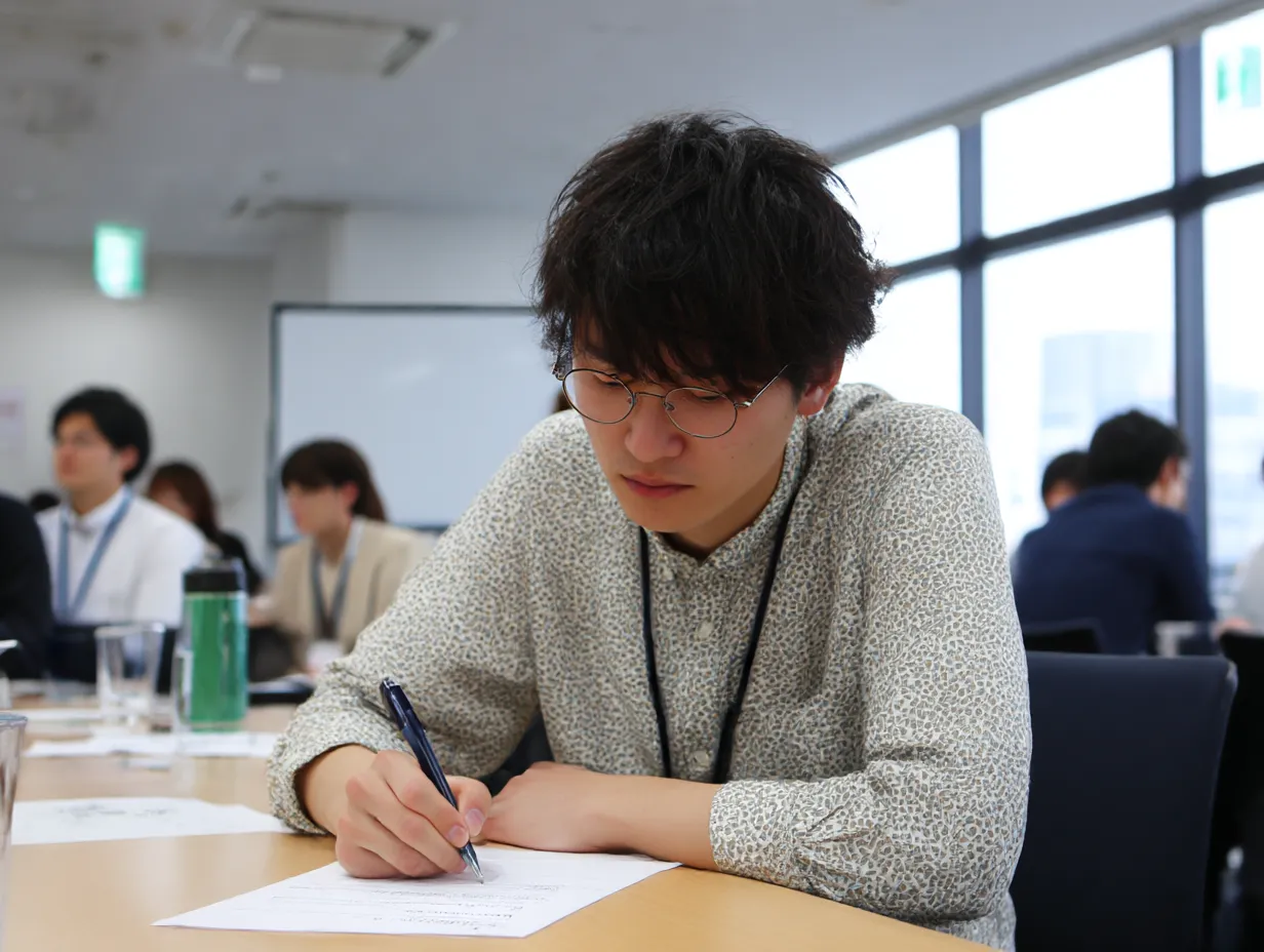 メモを取る会議中の社員｜会議中、真剣にメモを取る社員の一コマ。周囲のメンバーが動いている中で、メモを取ることに集中する姿が描かれており、ビジネスの場面にぴったりの素材です。