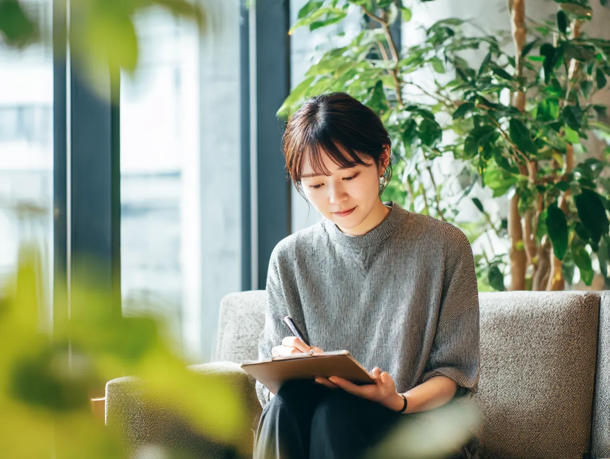 メモを取る女性社員｜カジュアルなオフィスで、メモを取る女性社員の姿を捉えた一枚。柔らかな自然光の中、真剣にノートに向き合う姿勢が、業務の効率的な進行を表現しています。