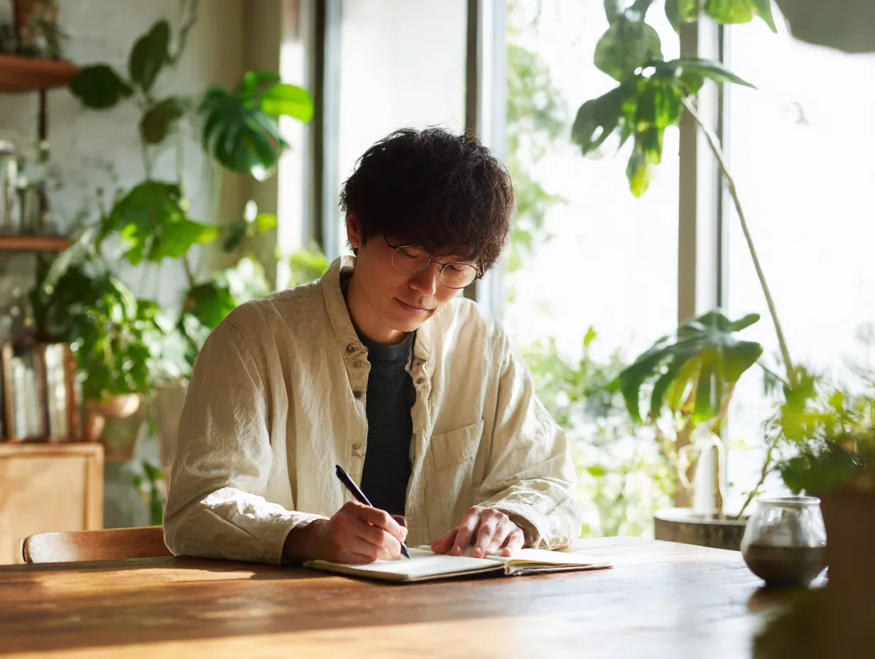 メモを取る若手社員｜大きな窓からの明るい光が差し込むオフィスで、集中してメモを取る若手社員。シンプルで落ち着いた背景が、仕事に集中する雰囲気を引き立てています。