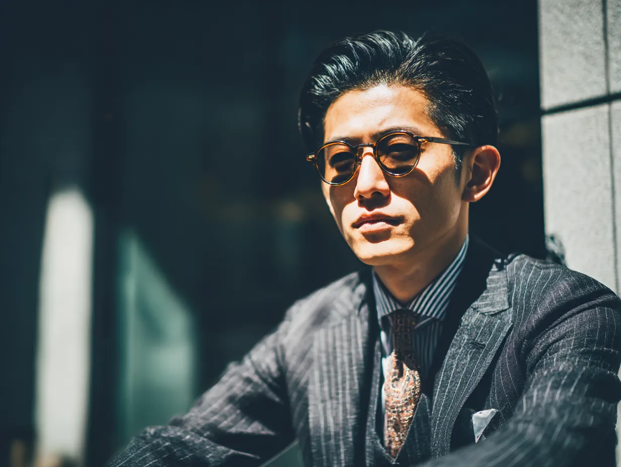スーツ男子の都会的クラシック｜強いコントラストとシャープな構図が、レトロな眼鏡とスーツ男子の個性を際立たせます。ビジネスシーンでの存在感を演出できる素材です。