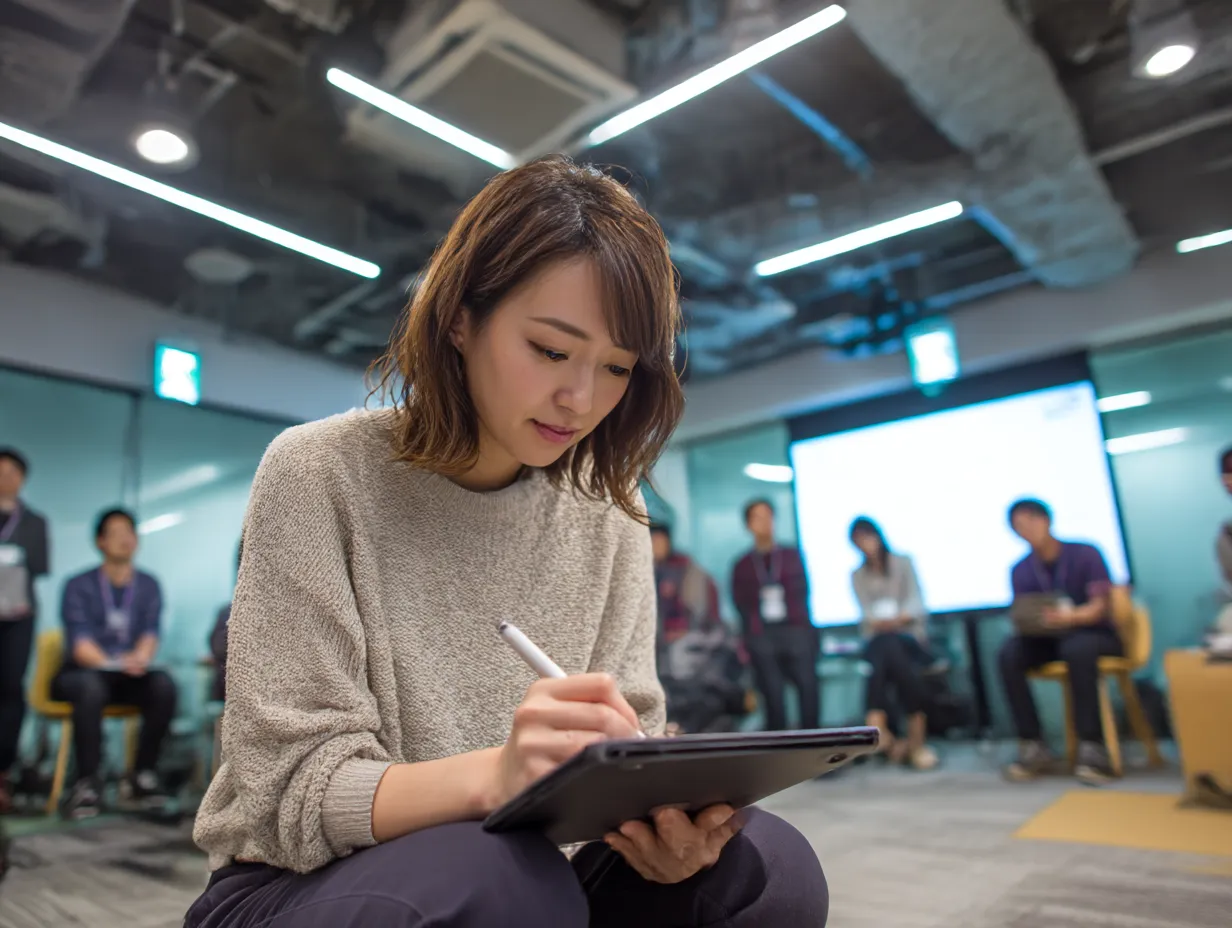 メモを取るセミナー参加者｜セミナー中、デジタルタブレットを使ってメモを取る参加者。会場内の静かな集中力と、現代的なツールを駆使した学びのシーンが表現されています。