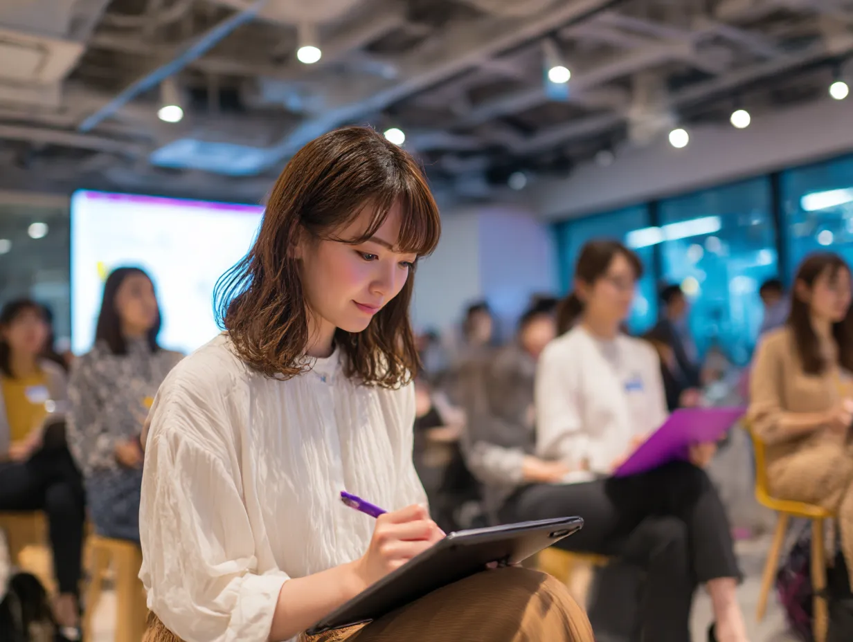 メモを取るオフィスワーカー｜明るいオフィスで、集中してメモを取る男性社員。周囲のオフィスが整理されており、真剣に取り組むビジネスマンの姿が鮮明に映し出されています。