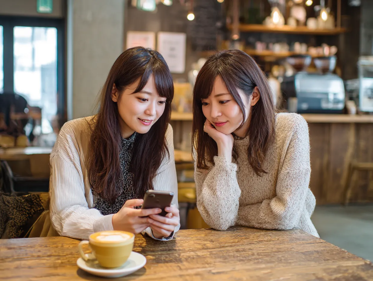 カフェでスマホを見る女性2人の説明｜落ち着いたカフェでスマートフォンを覗き込む女性2人の自然な姿を捉えた写真。情報共有や企画の「説明」をカジュアルに行うビジネスシーンを想定できる。
