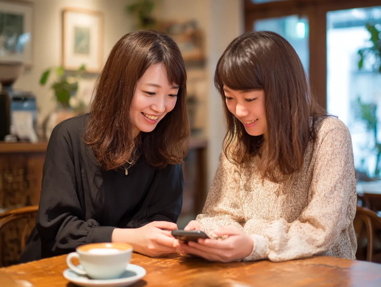 カフェで微笑む女性2人の説明｜テーブル越しにスマホを見て楽しそうに微笑む女性2人のシーン。和やかな雰囲気の中での提案や「説明」のやり取りを感じさせる、柔らかいイメージの素材。