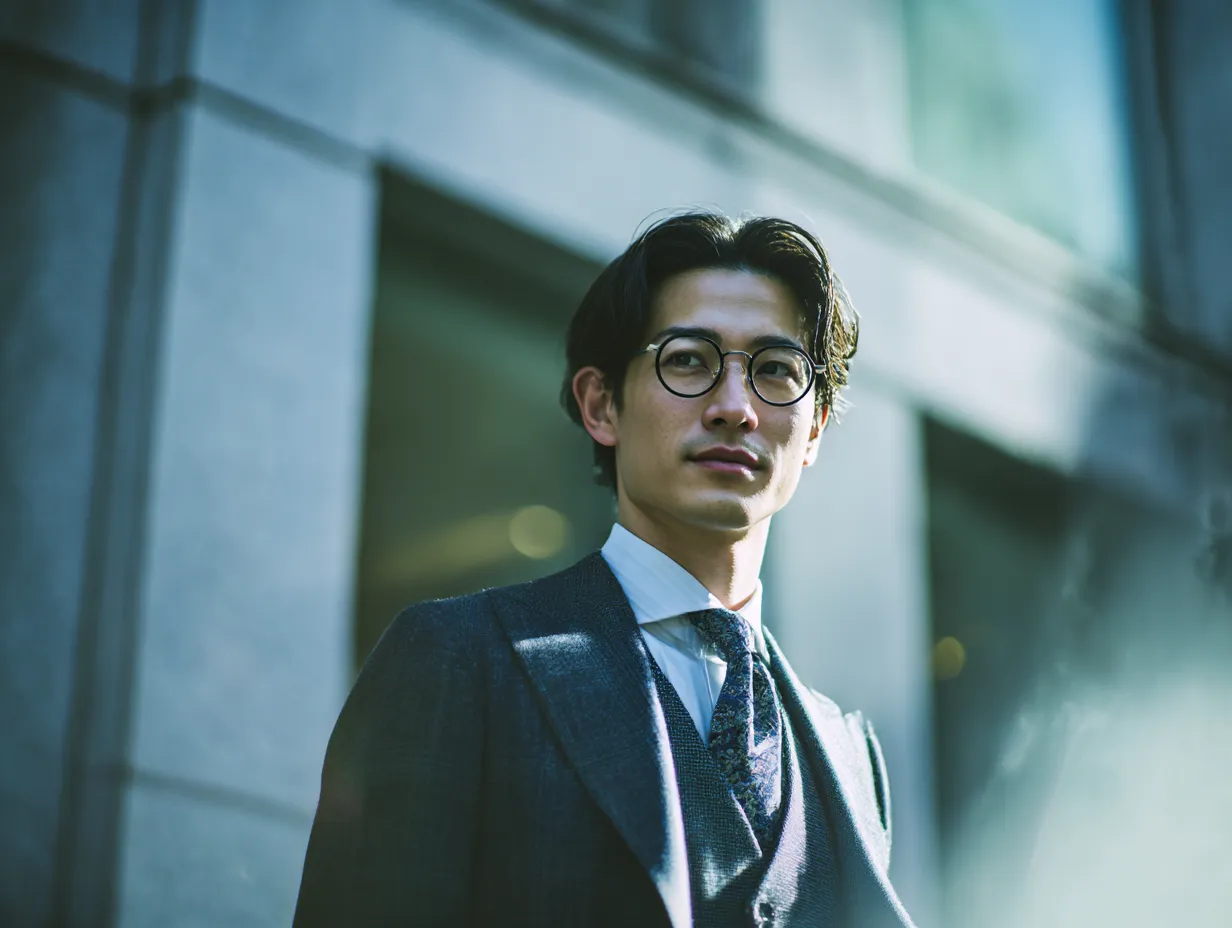 スーツ男子の知的スマートスタイル｜やわらかな背景と自然光の中で、控えめながら信頼感を感じさせるスーツ男子。穏やかで理知的な印象を与えるビジネス用途に適した一枚です。