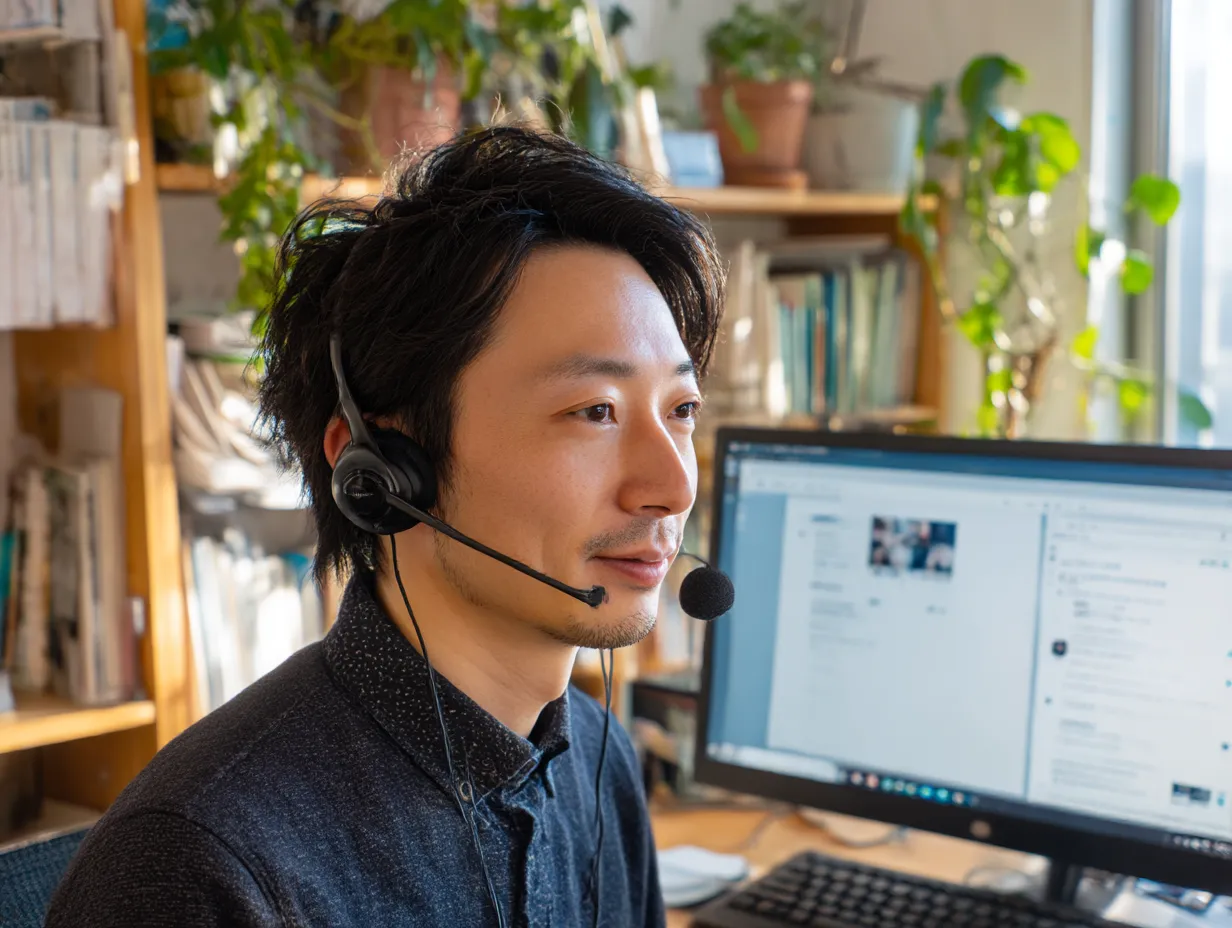 ヘッドセットの男性オペレーターの説明｜デスクに向かいヘッドセットで対応する男性の様子。遠隔でのサポートや顧客への「説明」を行うシーンをイメージさせ、信頼感のあるビジネス感を演出。