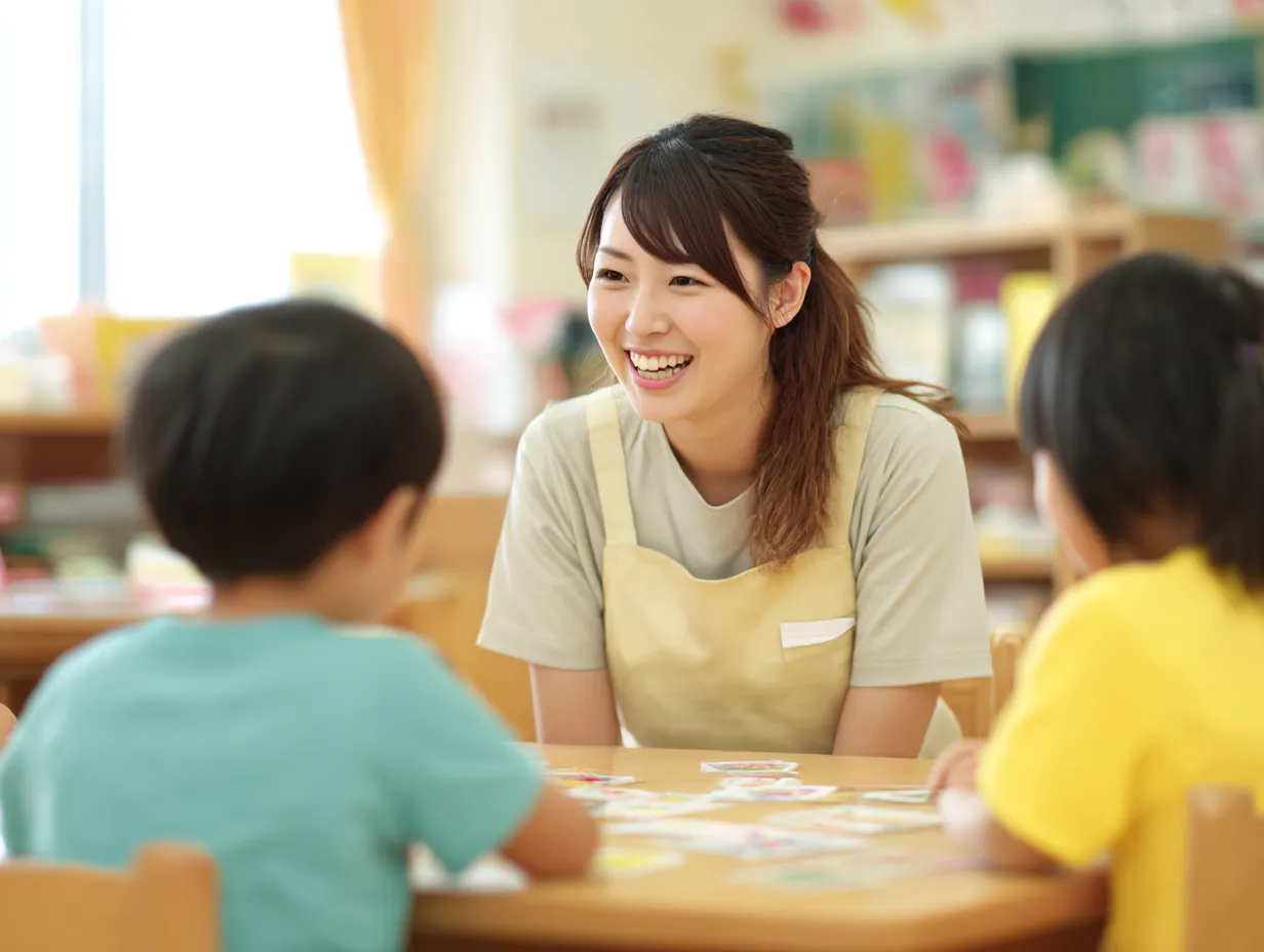 保育士と子どものやりとりの説明｜教室で笑顔を向ける保育士と子どもたちの様子。教育や育成の場面におけるわかりやすい「説明」が印象的で、温かく安心感のある写真素材。