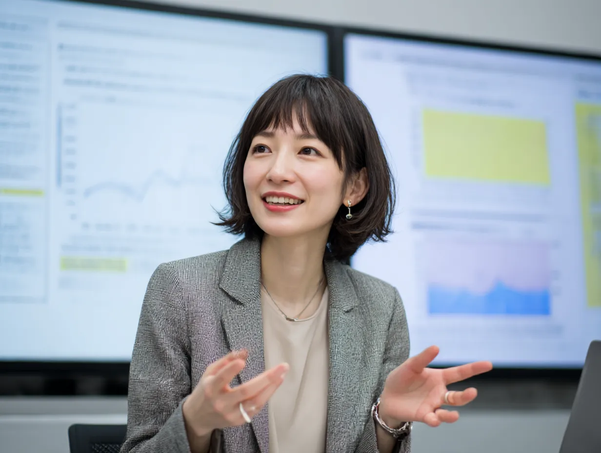 仕事のプレゼンテーションで説明する女性｜仕事のミーティングでプレゼン資料を使いながら説明する女性の姿です。明確な「説明」を行っている様子が、ビジネスの専門性と信頼感を与えます。データに基づくプレゼンの重要性を伝えるシーンです。