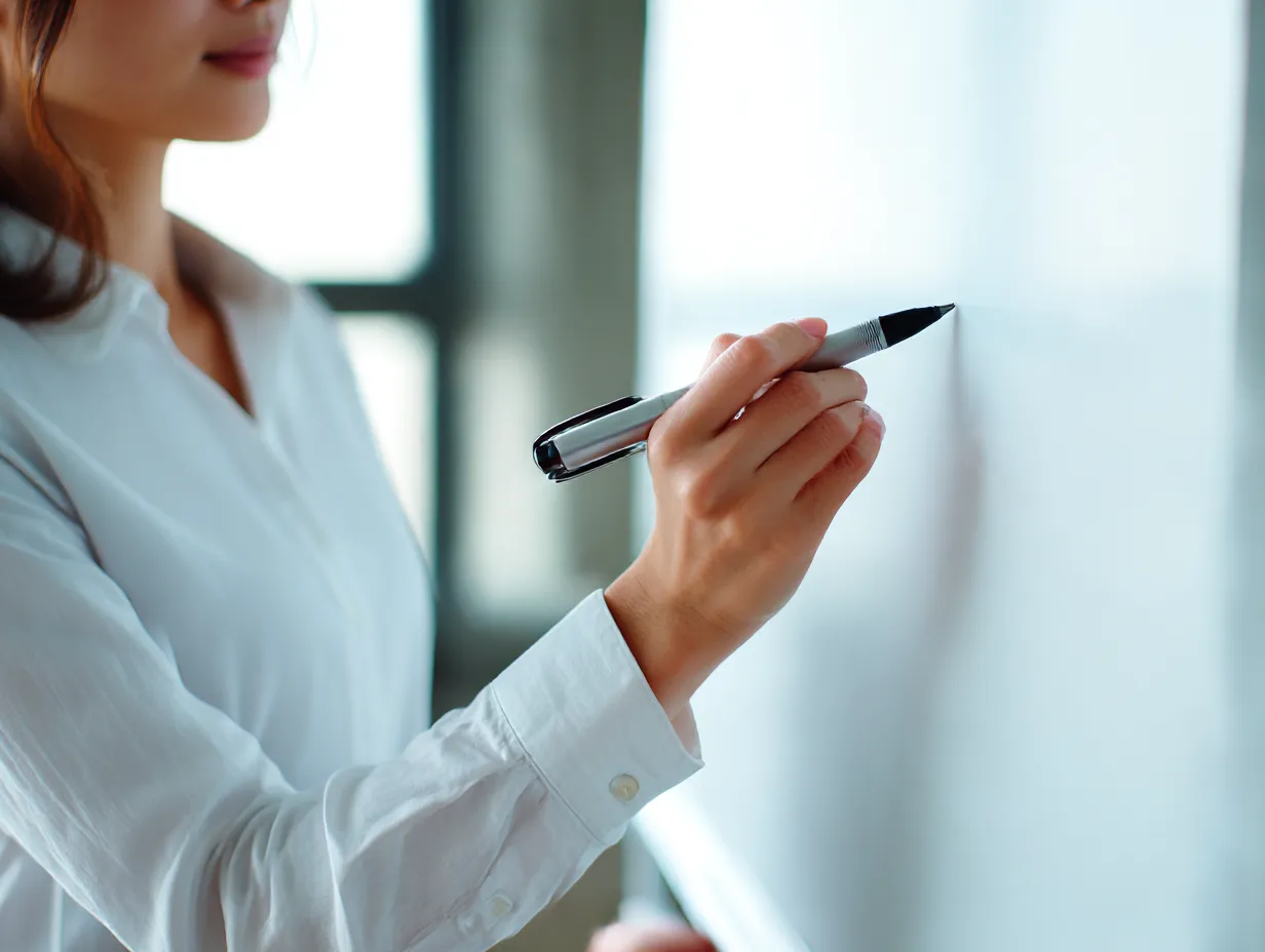 ホワイトボードを使った説明のシーン｜白いホワイトボードにペンを使って情報を「説明」している女性の手元が印象的です。シンプルで清潔感のある環境が、教育的なシーンやオフィスでの会話を表現しています。