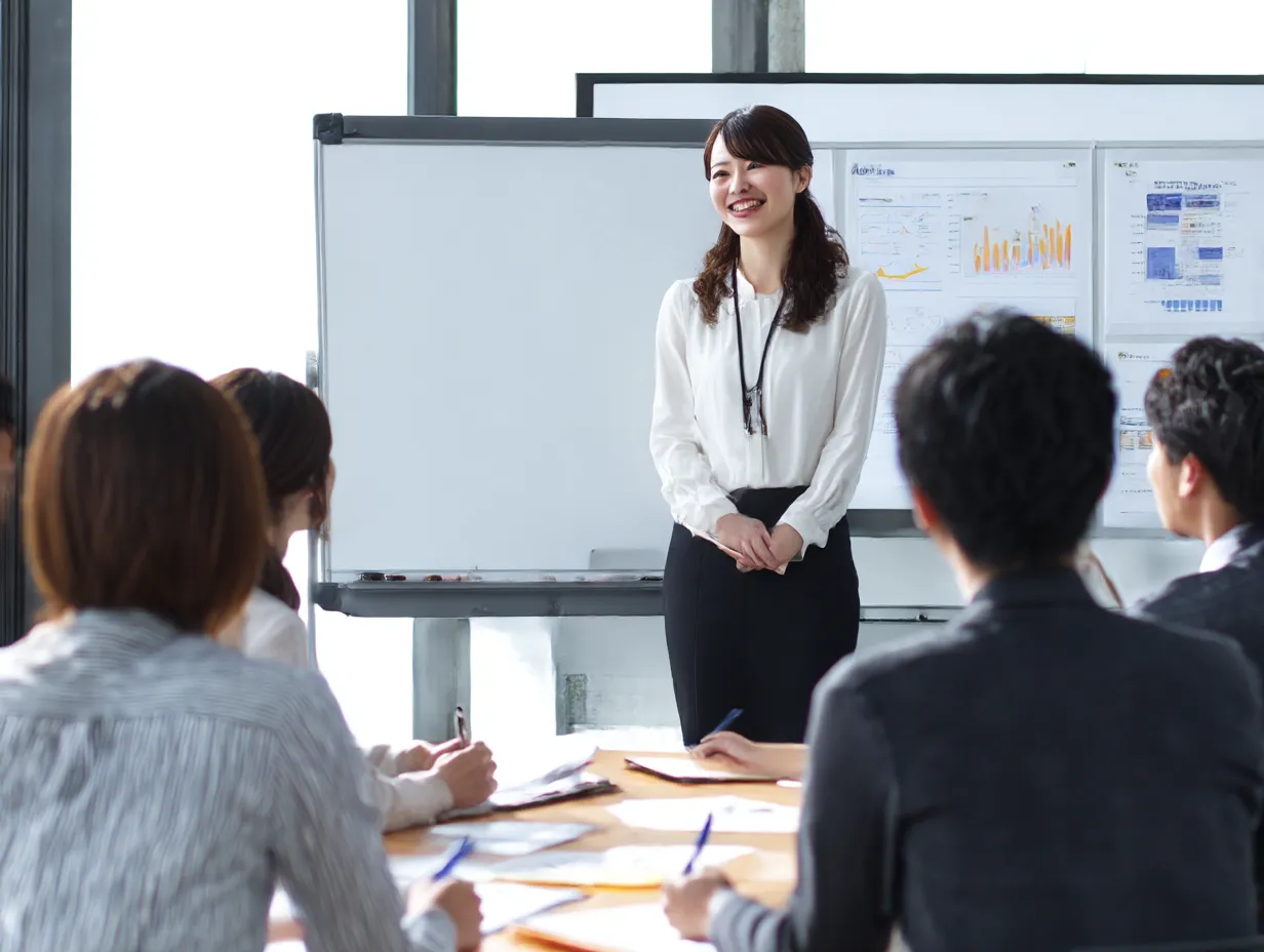 会議室でのプレゼンテーション｜会議室で、スライドを使いながら詳細な「説明」を行う女性のシーンです。相手に伝えやすいプレゼンテーションスキルを強調したビジネスの重要な瞬間を捉えています。