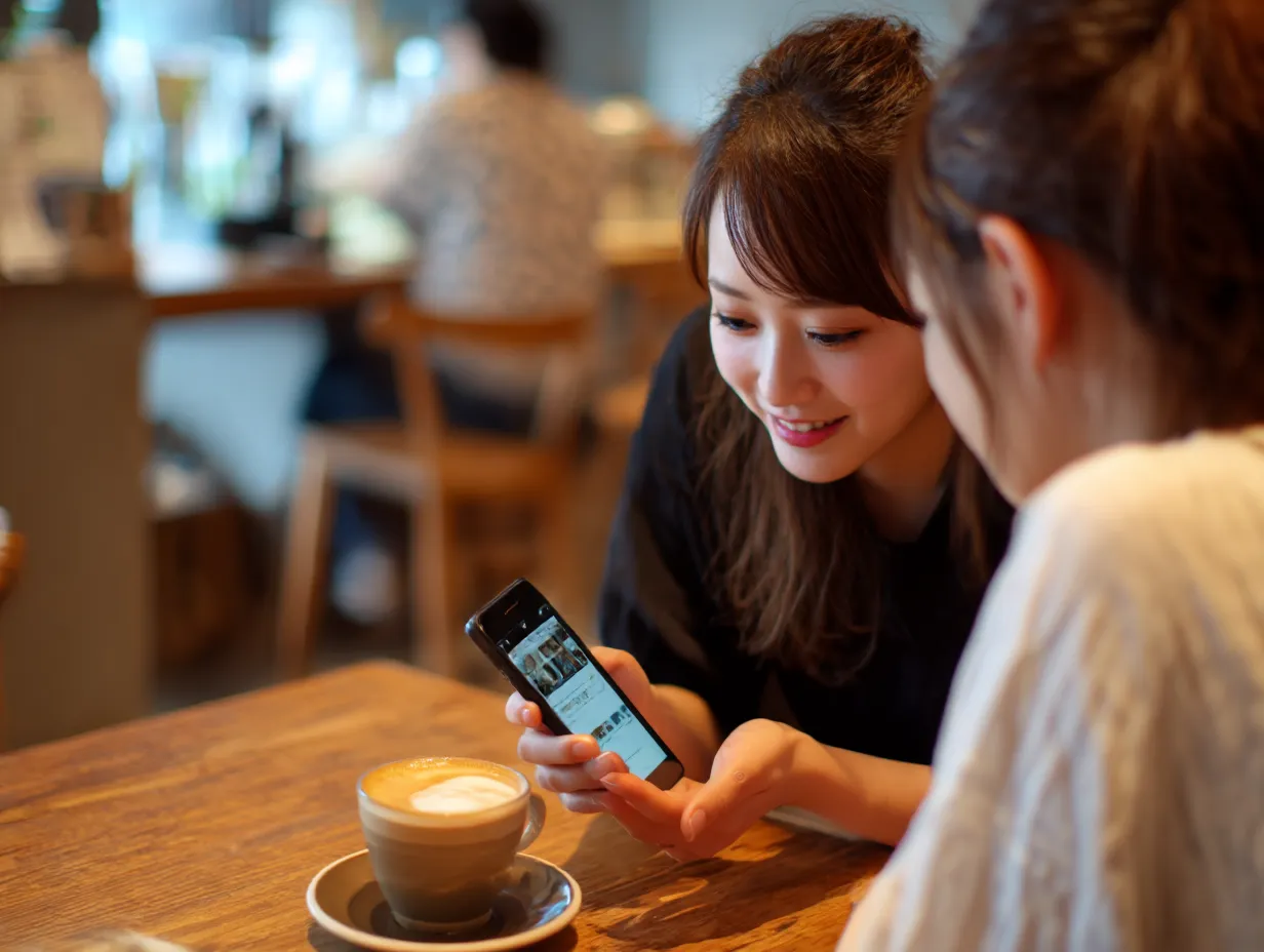 カフェでスマホを見せる女性の説明｜カフェでスマートフォンを見せながら会話する女性の自然な表情が印象的。気軽な打ち合わせでの情報「説明」や提案の場面に適した写真。