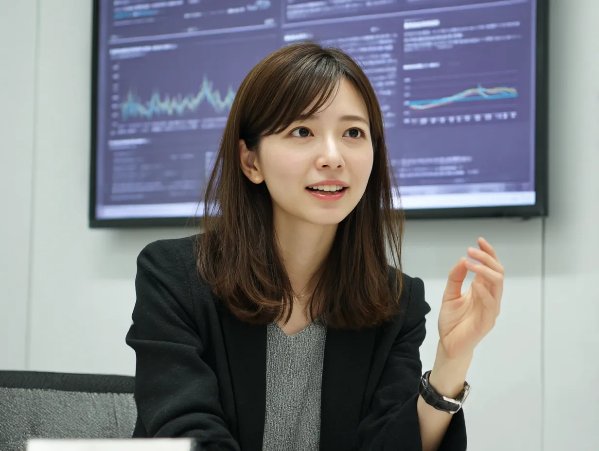 モニター前で話す女性社員の説明｜グラフが表示されたモニター前で説明する女性社員。プレゼンや報告会議での「説明」のシーンに活用できる、スマートな印象のビジネス写真。