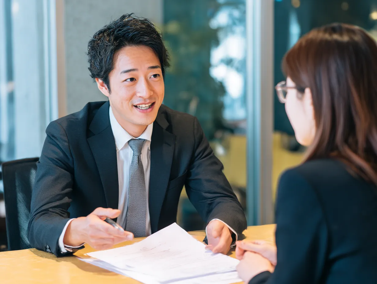 対面で商談する男女ビジネスマンの説明｜テーブル越しに資料を使って話すスーツ姿の男女。誠実な表情での商談や丁寧な「説明」のやりとりを表現した信頼感のある構図。