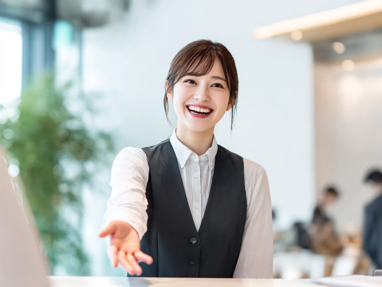 笑顔で案内する受付女性の紹介｜ホテルやオフィスの受付で笑顔を見せる女性の姿。初対面でも安心感を与える接客や「紹介」のシーンにふさわしく、清潔感と信頼を演出する写真。