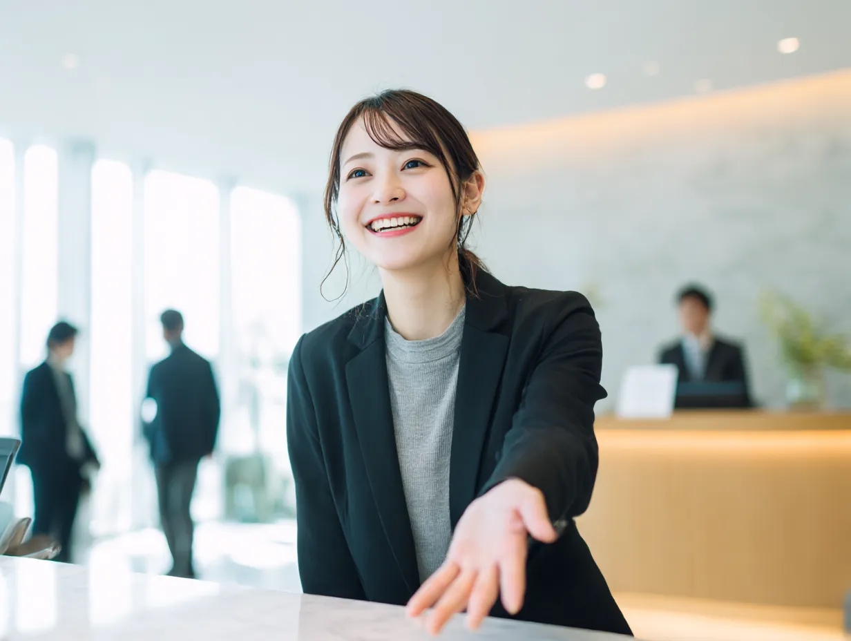 明るく迎えるビジネス受付女性の紹介｜洗練された空間で来客を迎える笑顔の女性スタッフ。丁寧な「紹介」や説明対応を想像させるシーンで、高級感のある接遇イメージに仕上がっている。