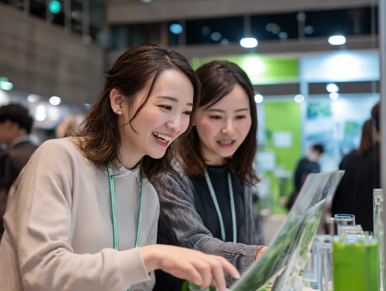 展示会で案内する女性スタッフの紹介｜ブースで製品情報を伝える女性たちの笑顔。来場者への丁寧な「紹介」や商品案内の雰囲気が伝わる、明るく親しみやすい展示会風景。