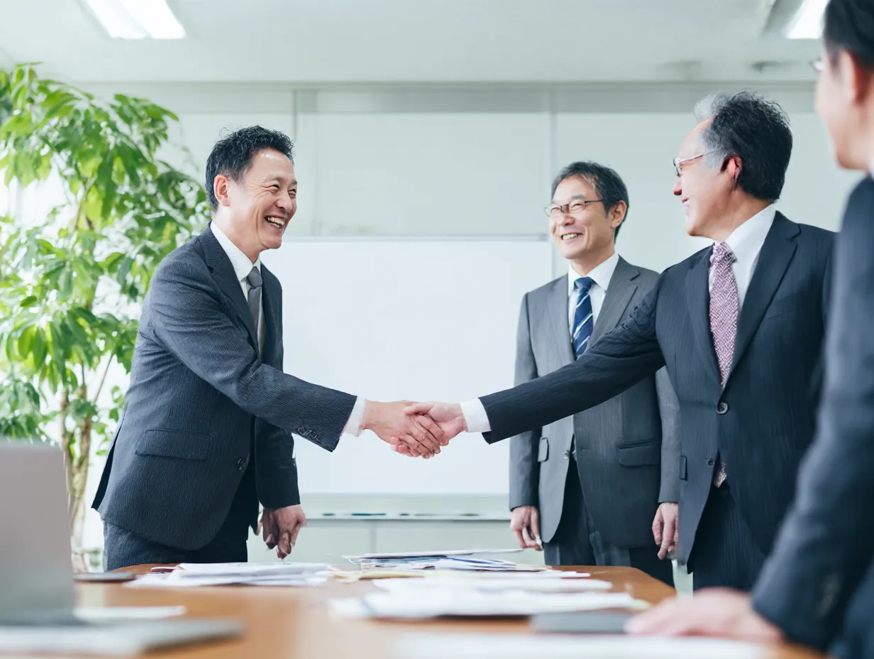 握手するシニアビジネスマンの商談｜会議室で笑顔を交わしながら握手する中高年のビジネスマンたち。円満な合意と信頼に基づく「商談」の成立を表現した、安心感のある写真。