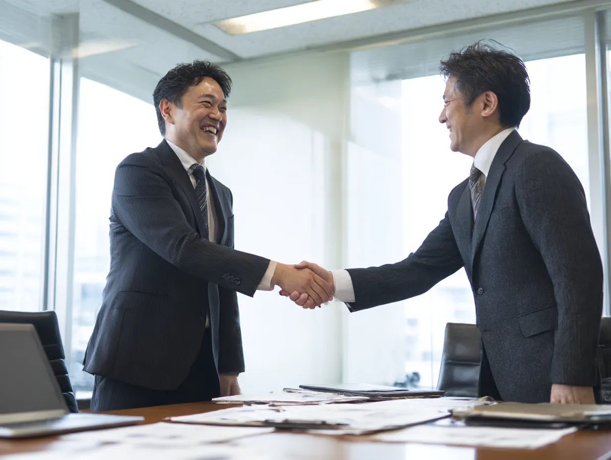 対等に握手するビジネスマン同士の商談｜大きな窓のある会議室で対等に握手を交わす二人の男性。互いの合意と敬意が感じられる「商談」の成立場面に適した構図。